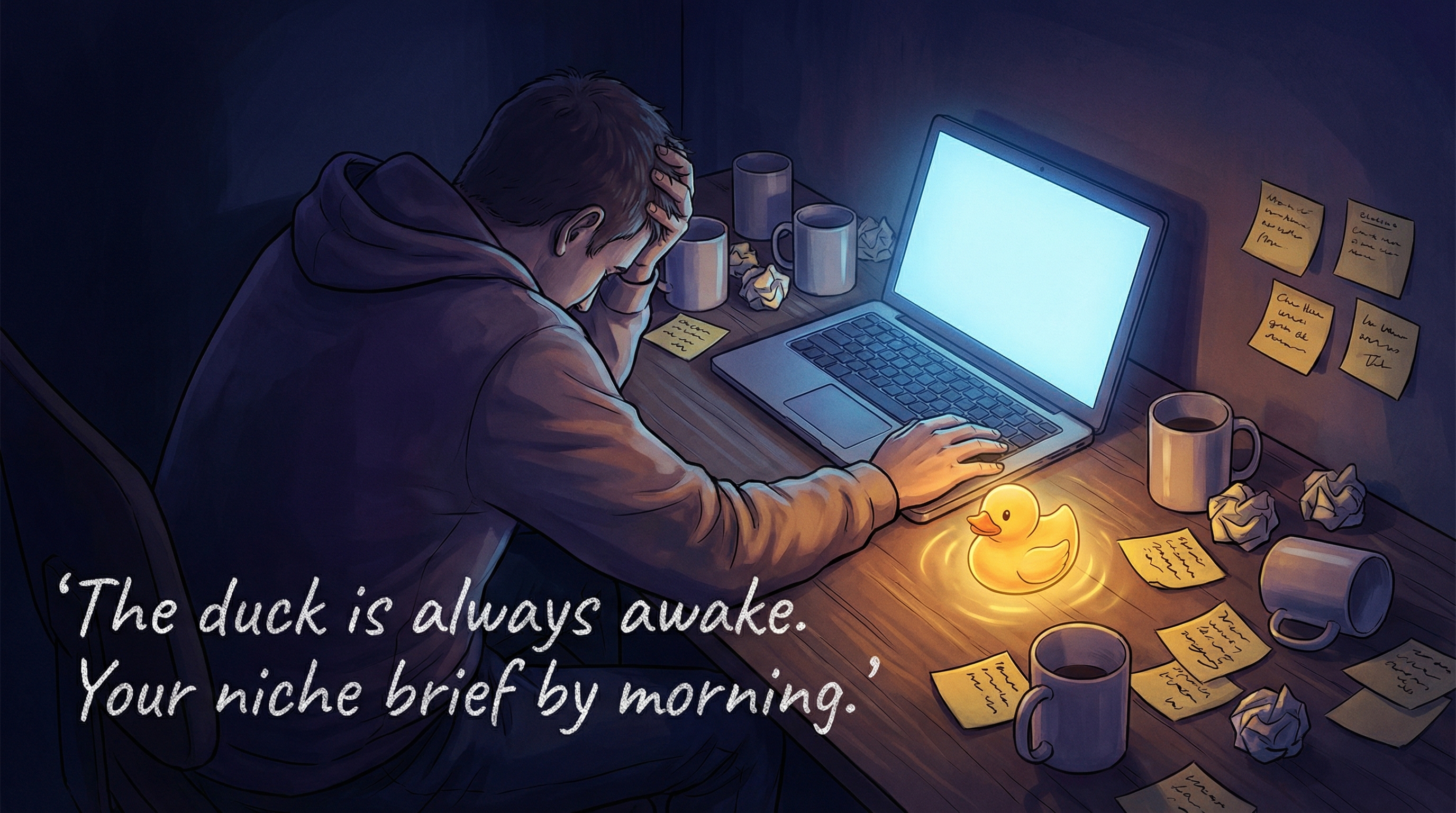 The Founder's 11pm — staring at a laptop, still no answer